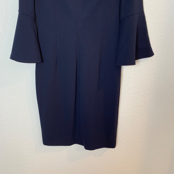 Calvin Klein Navy Blue Sheath Dress Size 10 Faux Pearl Detail Bell Sleeve Career - Picture 10 of 14